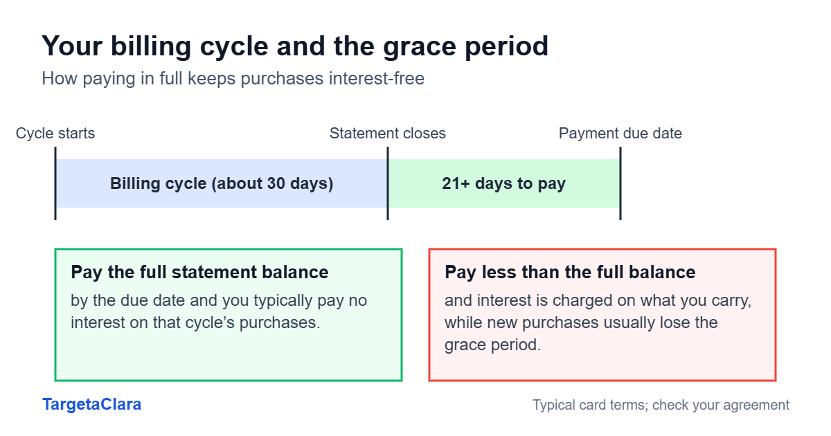 Diagram of a credit card billing cycle: a cycle of about 30 days, the statement closing date and at least 21 days to pay before the due date, with outcomes for paying in full or paying less.